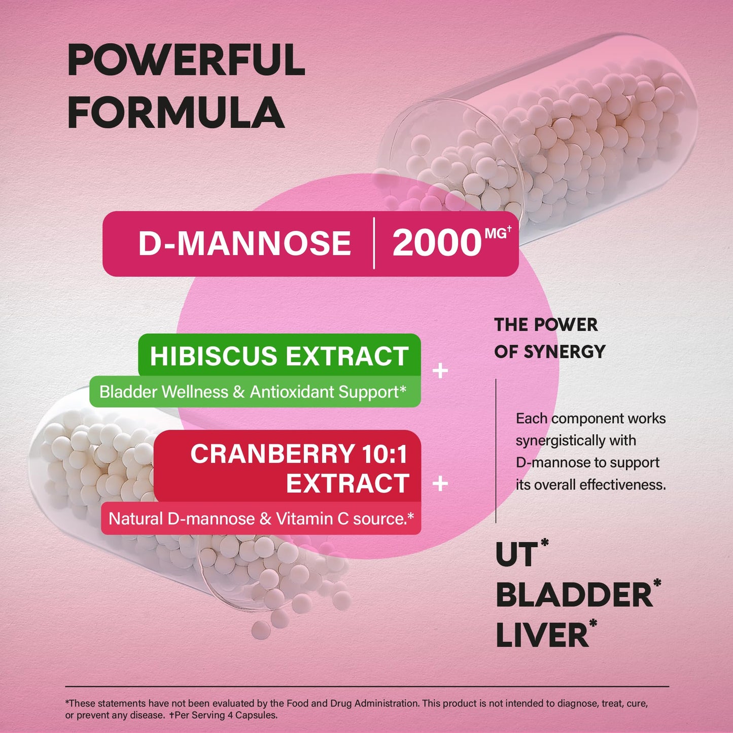 D-Mannose 2000mg with Cranberry & Hibiscus - Clinically Tested Strength for Urinary Tract Health - Supplement for Women - Bladder, Liver & Microflora Support - Lab Tested - Vegan, 120 Capsules