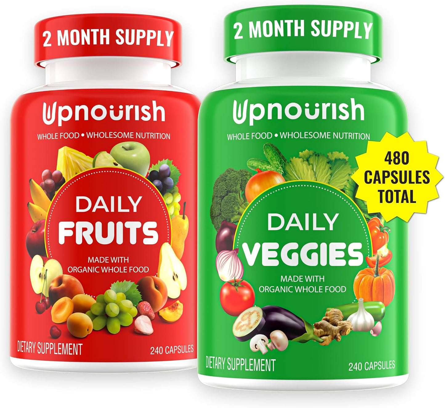 UpNourish Organic Fruits and Veggies Supplement - Support Diet Balance, Body Cleanse & Energy - 480 Fruits and Super Greens Capsules from Nature - Fruit and Vegetable Supplements for Adults & Kids