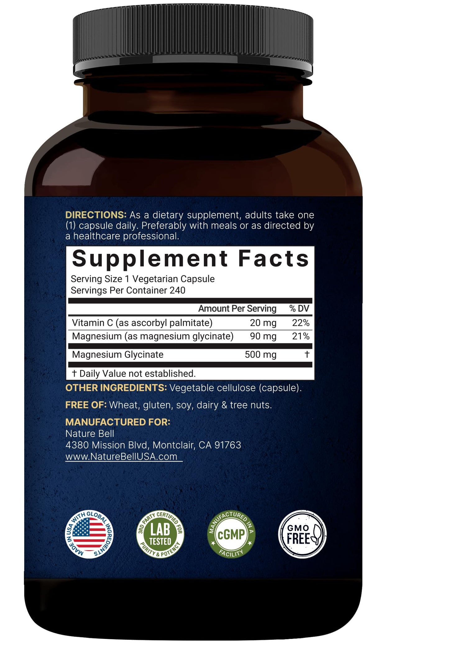 Naturebell Pure Magnesium Glycinate 500mg, 240 Veggie Capsules | 100% Chelated & Purified – 3rd Party Tested, Vegan Friendly, Non-GMO, Filler Free