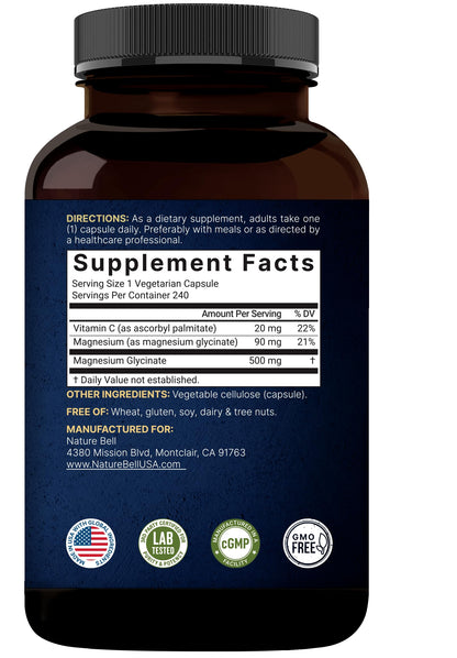 Naturebell Pure Magnesium Glycinate 500mg, 240 Veggie Capsules | 100% Chelated & Purified – 3rd Party Tested, Vegan Friendly, Non-GMO, Filler Free