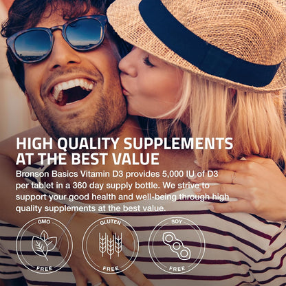 Bronson Vitamin D3 5000iu (125mcg) Non-GMO Gluten-Free Soy-Free 360 Tablets | Immune, Bone, Joint, Breast, Heart, and Colon Health Supplement