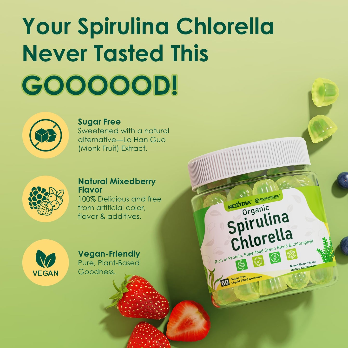 Organic Spirulina Chlorella Gummies + Super Greens, High in Vegan Protein & Chlorophyll, Green Algae + Broccoli，Moringa, Spinach, C, D3, Zinc, B12 for Energy, Gut, Immune, Antioxidant, No Sugar, 60Cts