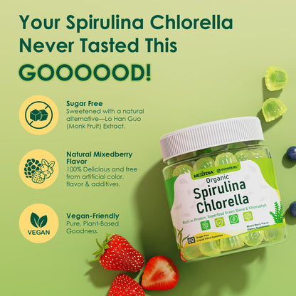 Organic Spirulina Chlorella Gummies + Super Greens, High in Vegan Protein & Chlorophyll, Green Algae + Broccoli，Moringa, Spinach, C, D3, Zinc, B12 for Energy, Gut, Immune, Antioxidant, No Sugar, 60Cts