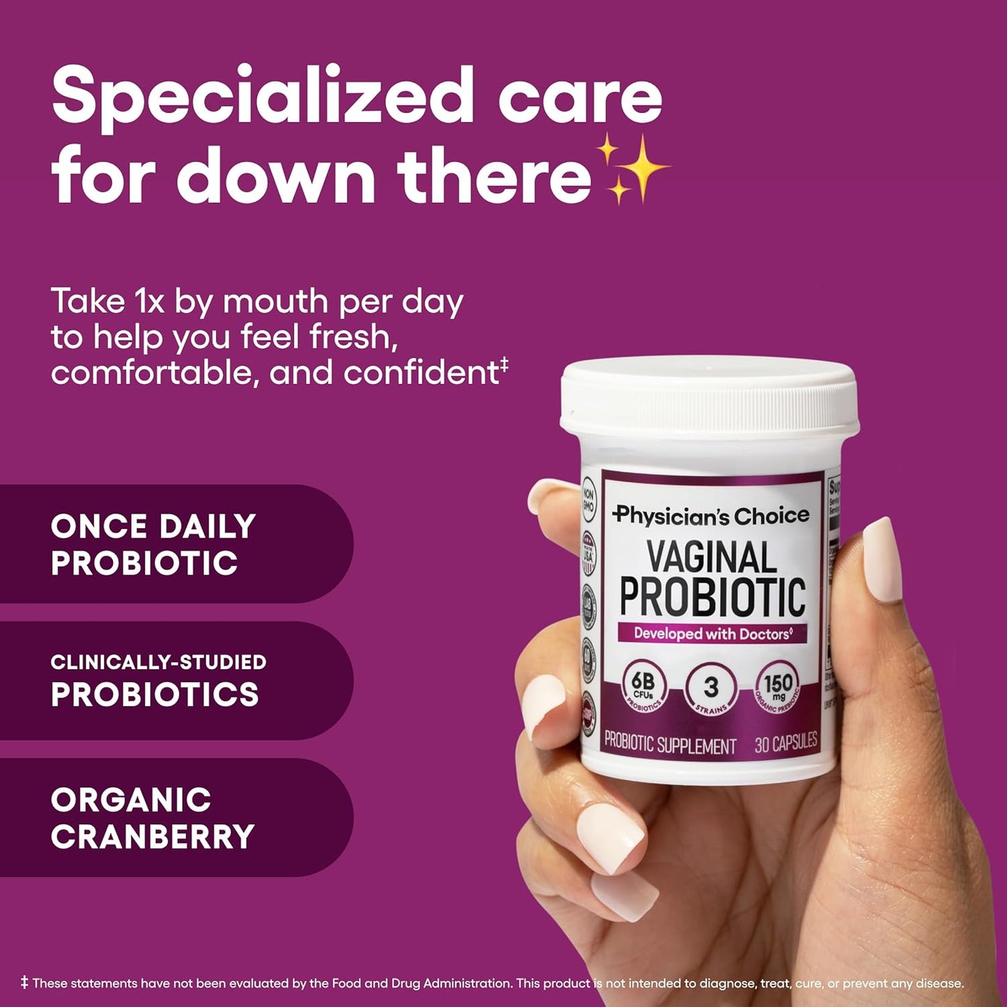 Physician's CHOICE Vaginal Probiotics for Women, pH Balance & Odor, 30ct | Supports Odor Control, Vaginal Flora, Yeast Balance & Feminine Health, 6B CFU, Organic Prebiotics, Cranberry Extract