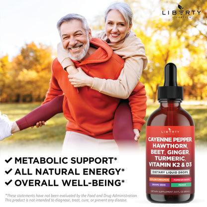 Cayenne Pepper Supplement Liquid Drops + Hawthorn Berry, Vitamin D3 K2 Beet Root Powder, Ceylon Cinnamon, Turmeric Curcumin, Organic Panax Ginseng - 4oz