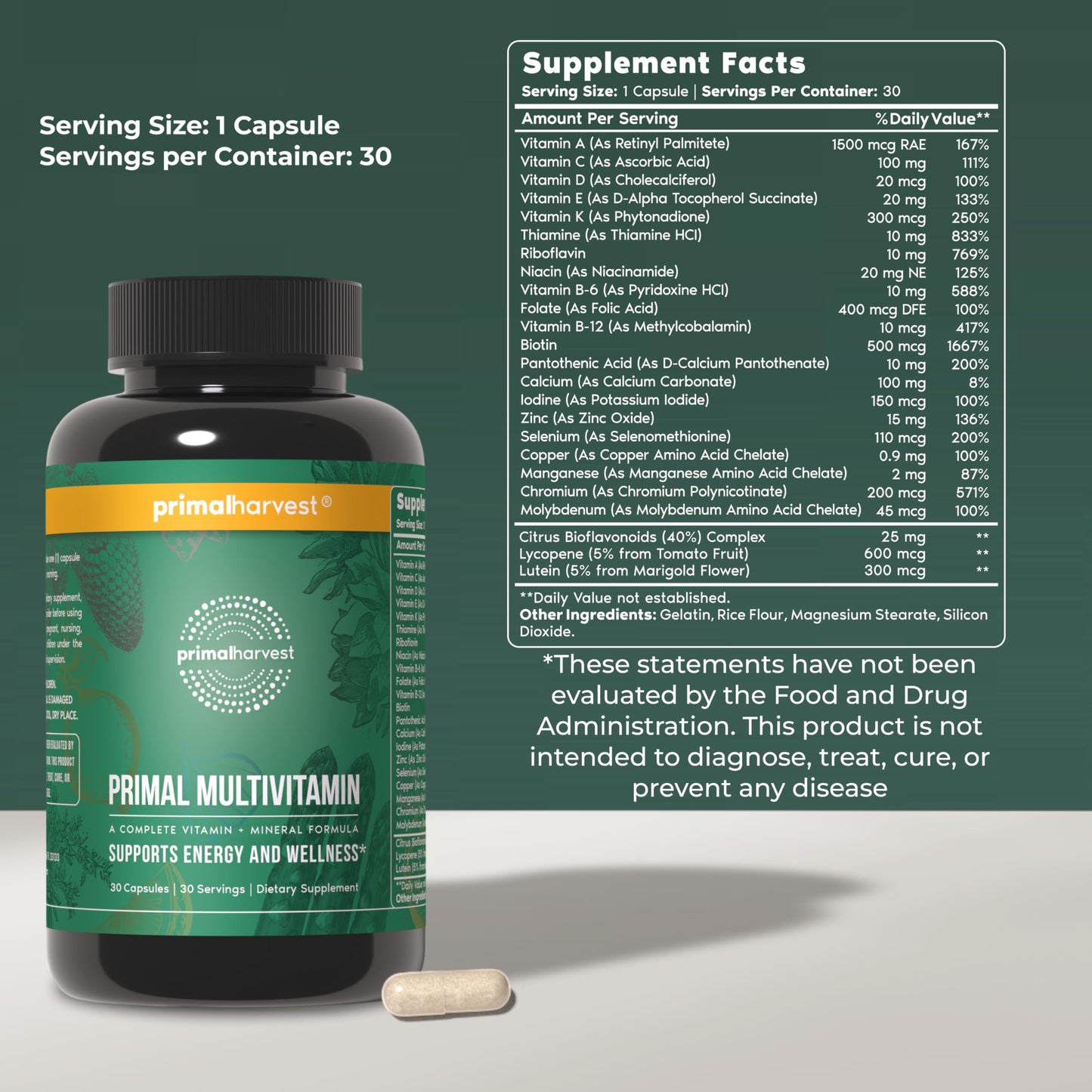 Primal Harvest Multivitamin - Daily Supplement, Gluten & Soy Free