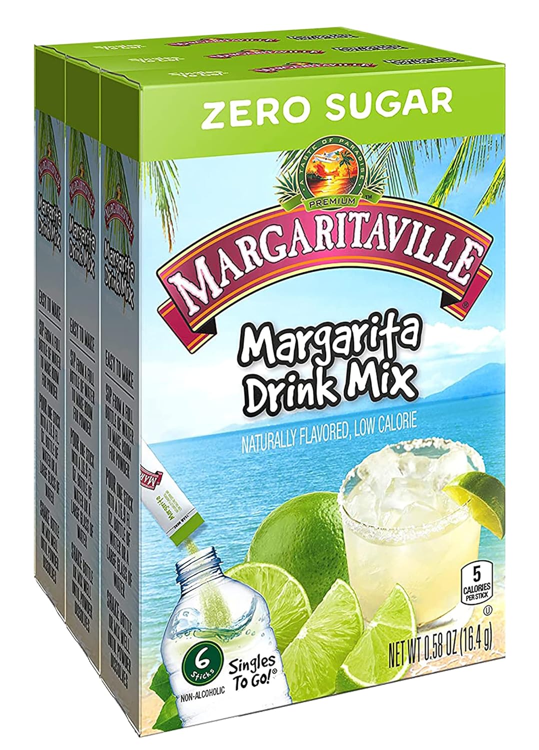 Margaritaville Singles To Go Water Drink Mix - Margarita Flavored, Non-Alcoholic Powder Sticks (3 Boxes with 6 Packets Each - 18 Total Servings)