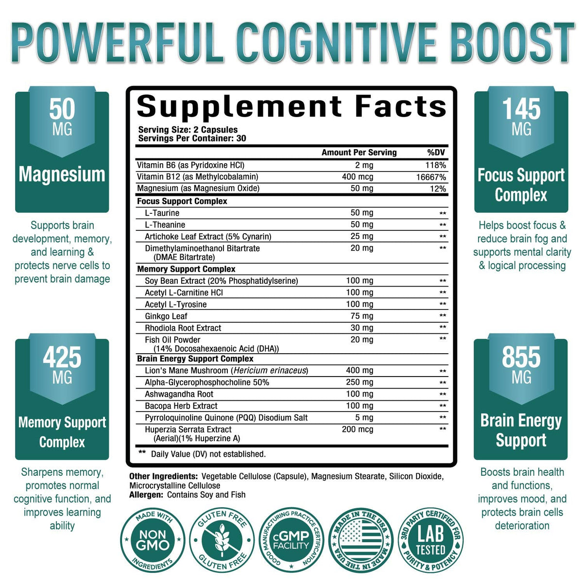 Premium Brain Supplement - Nootropic Brain Booster for Focus, Clarity, Improved Memory