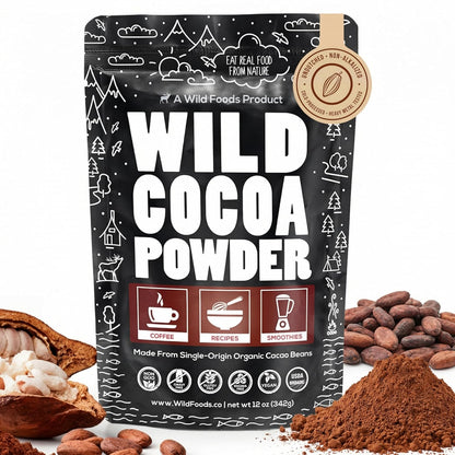 Wild Foods Organic Cocoa Powder Unsweetened for Baking & Cooking, Raw Cacao Powder, Organic Single-Origin Non-Dutched Dark Cocoa, 100% Pure, Non-GMO, Vegan Keto Superfood, Purity Tested, 12 oz