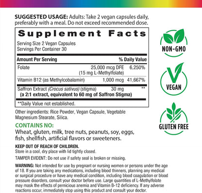 Rainbow Light L-Methylfolate 15 mg with Methyl B12 | 60 Capsules | Plus Saffron Extract | Helps Maintain a Positive Mood | Vegan, Non-GMO and Gluten Free Supplement