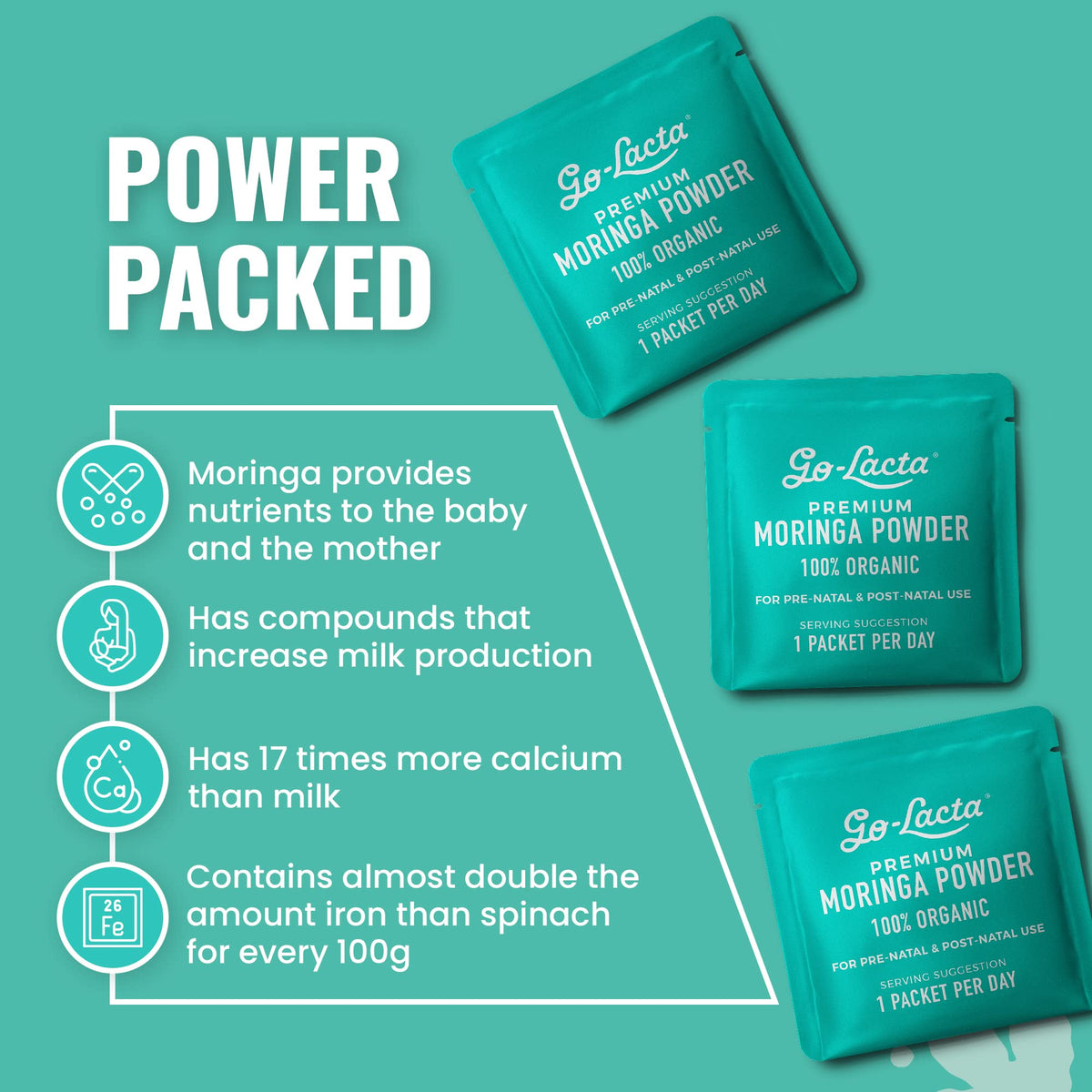 Go-Lacta® Super Moringa Powder: Boost Breast Milk Naturally! 30 3g Packets of Pure