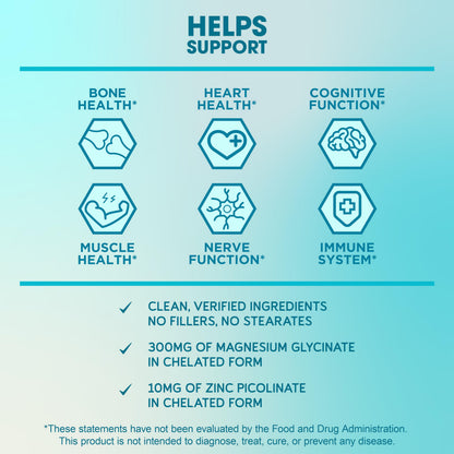 BioEmblem Magnesium Glycinate with Zinc - 300mg Chelated Magnesium Supplement - High Absorption Vegan Non-GMO 2-in-1 Complex - Immune Support, Muscles, Nerves - 90 Capsules