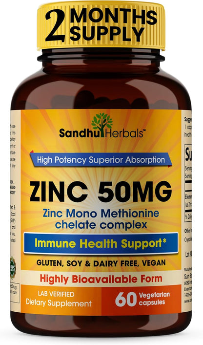 SANDHUHERBALS Moringa & Zinc 50mg Capsules for Women & Men | Supports Immune, Gut & Skin Health
