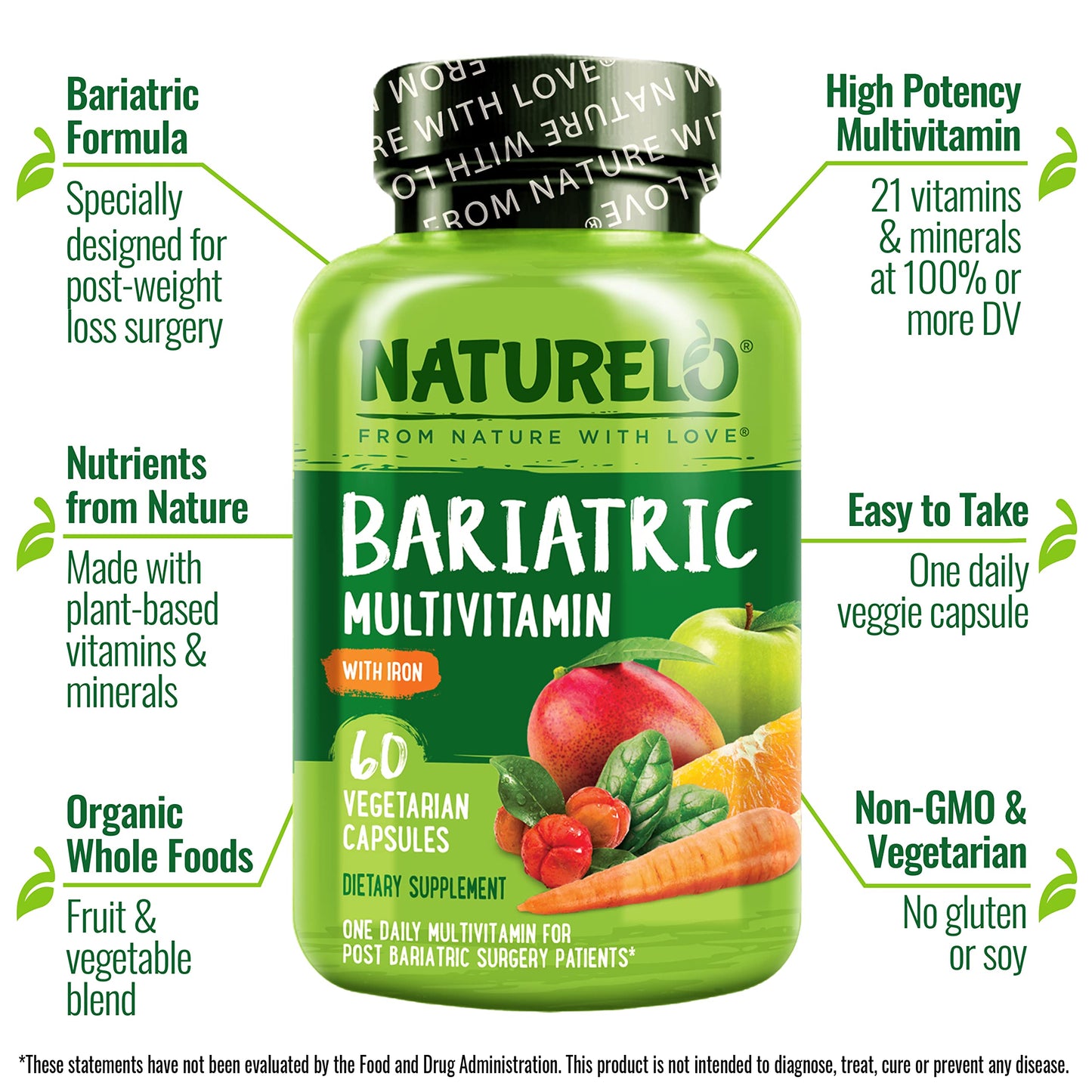 NATURELO Bariatric Multivitamin - One Daily with Iron - Supplement for Post Gastric Bypass Surgery Patients - Natural Whole Food Nutrition - 60 Veggie Capsules (Pack of 2)