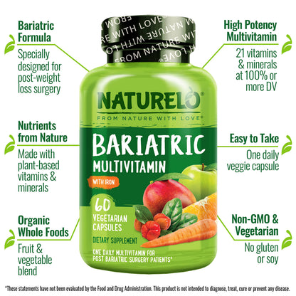 NATURELO Bariatric Multivitamin - One Daily with Iron - Supplement for Post Gastric Bypass Surgery Patients - Natural Whole Food Nutrition - 60 Veggie Capsules (Pack of 2)