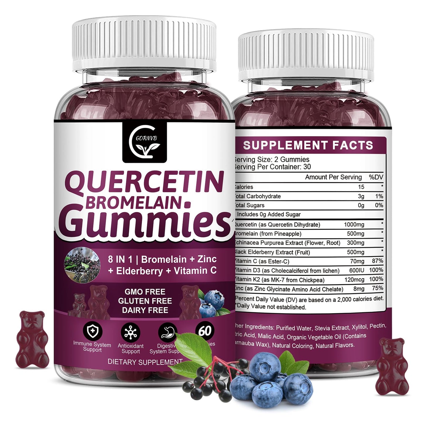 (2 Pack) Quercetin Gummies - Quercetin with Bromelain 2378mg - Blend with Elderberry, Echinacea Purpurea Extract, Zinc, Vitamin C,D3,K2, Complex Supports Immune, Cardiovascular & Respiratory Function