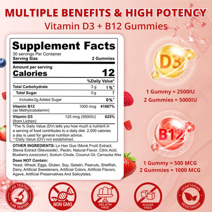 NEVISS 2Pack Vegan Vitamin D3 + Vitamin B12 Gummies, High Potency D3 5000IU & 1000 mcg Methylated B12, Vitamin D3 and B12 for Adults, Support Bone Health, Immune & Energy Supplement, 120 Count
