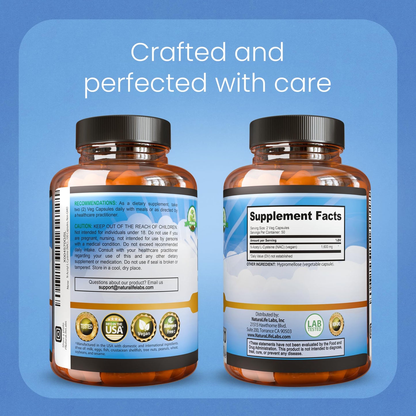 NaturaLife Labs N-Acetyl-L-Cysteine (NAC) 1600 mg – 100 Capsules - Vegan, Non-GMO & Gluten-Free