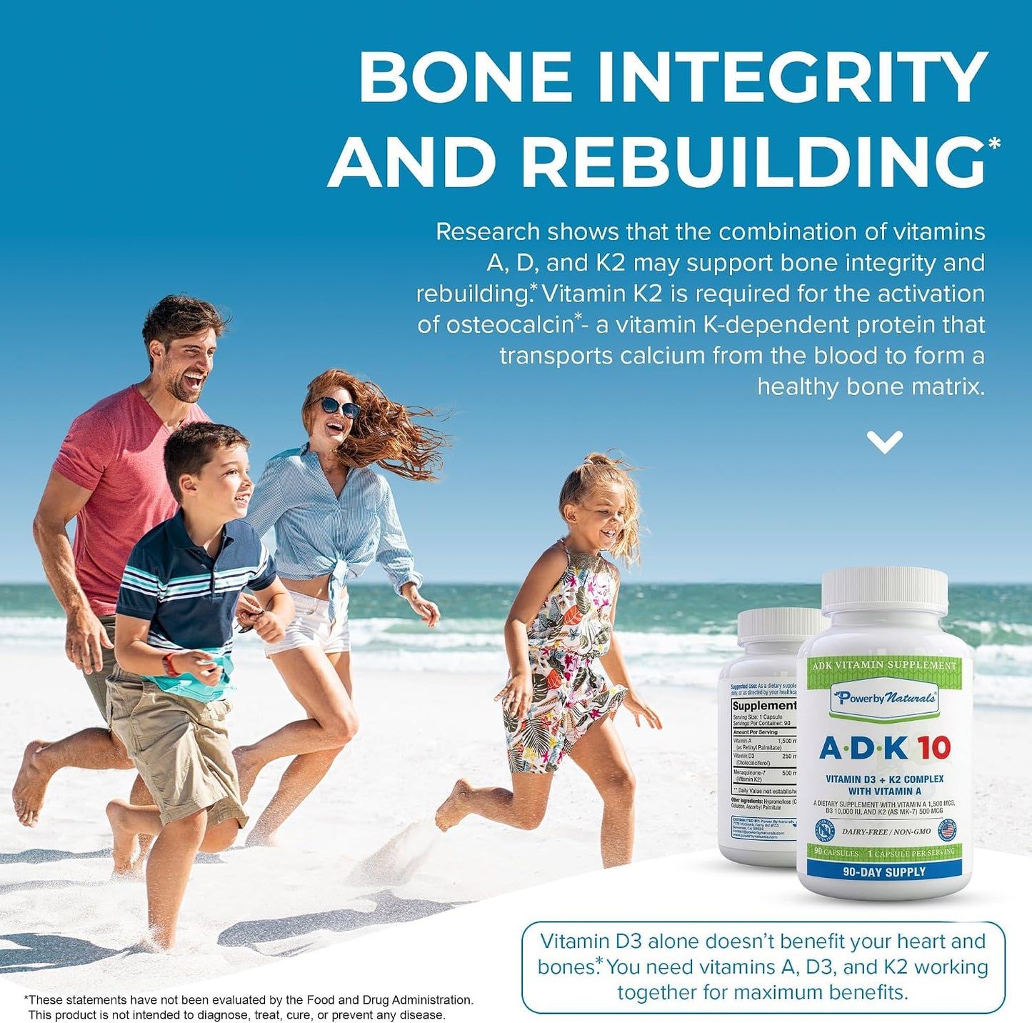 Power By Naturals ADK 10 Vitamin Supplement – Vitamins A, D3 & K2 MK-7 for Bone, Heart & Immune Health – Gluten-Free, Soy-Free – 90 Capsules (3-Month Supply)