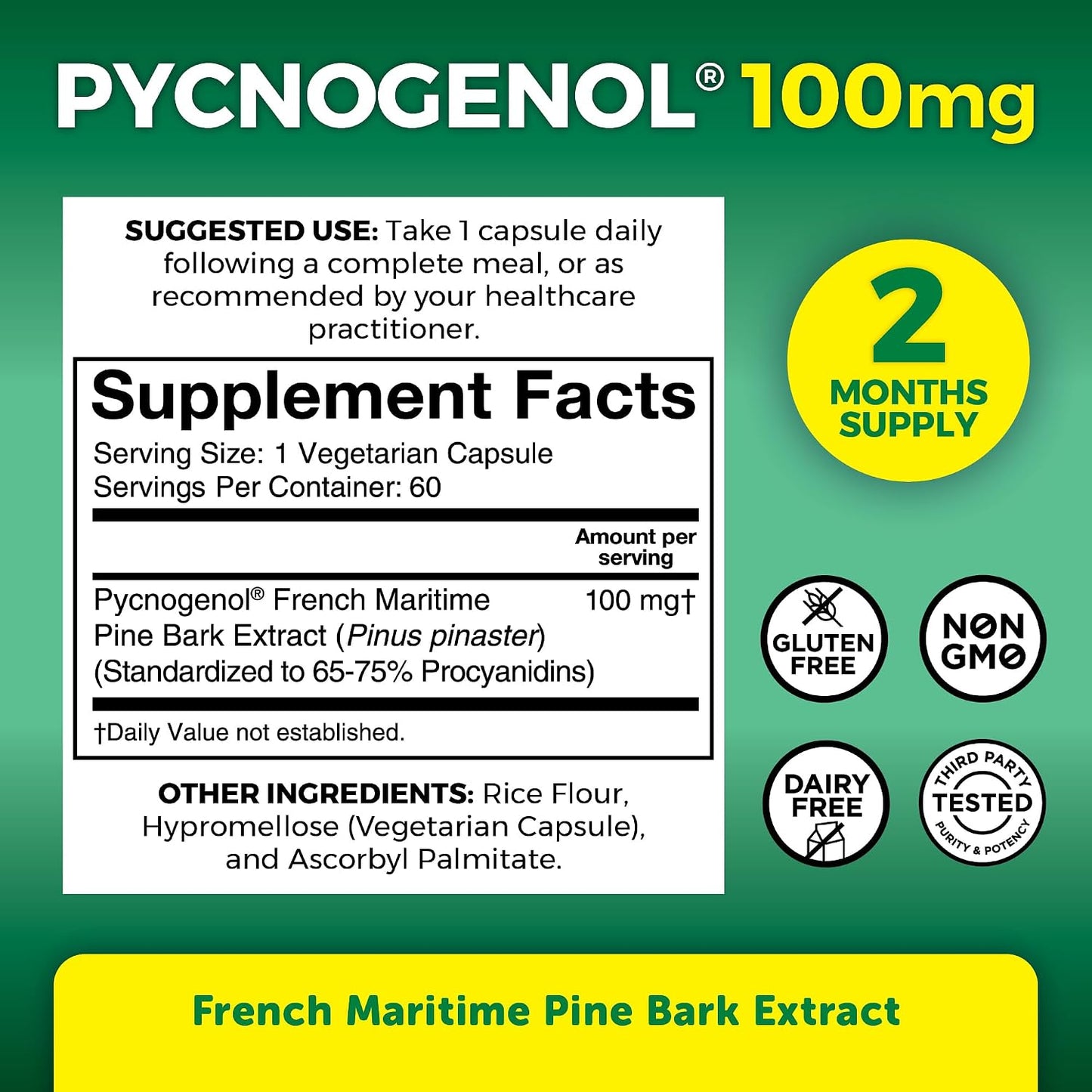 Viva Naturals Pycnogenol - 100mg French Maritime Pine Bark Extract – Supports Circulation, Antioxidant-Like Activity, Joints & Immune Health and Function – 60 Veggie Capsules