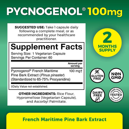 Viva Naturals Pycnogenol - 100mg French Maritime Pine Bark Extract – Supports Circulation, Antioxidant-Like Activity, Joints & Immune Health and Function – 60 Veggie Capsules