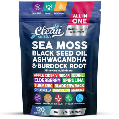 Clean Nutraceuticals Sea Moss Black Seed Oil Ashwagandha Turmeric Bladderwrack Burdock & Vitamin C Vitamin D3 with Elderberry Manuka Dandelion Yellow Dock Iodine Chlorophyll ACV