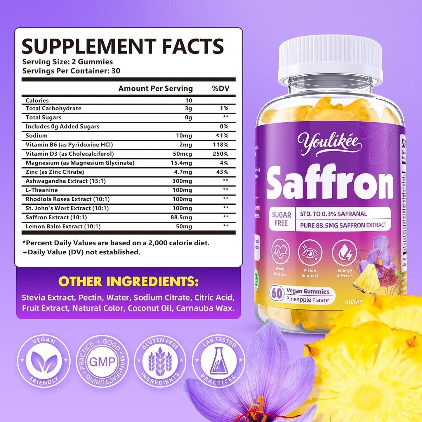Saffron Gummies 88.5mg, Pineapple Flavor, 60 Count