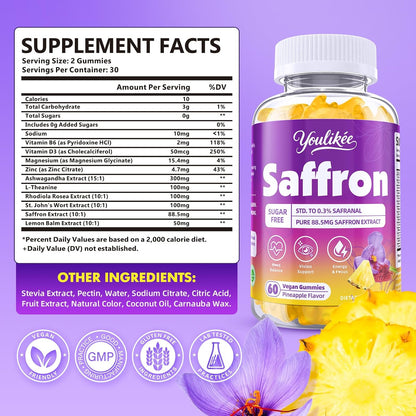 Saffron Gummies 88.5mg, Pineapple Flavor, 60 Count