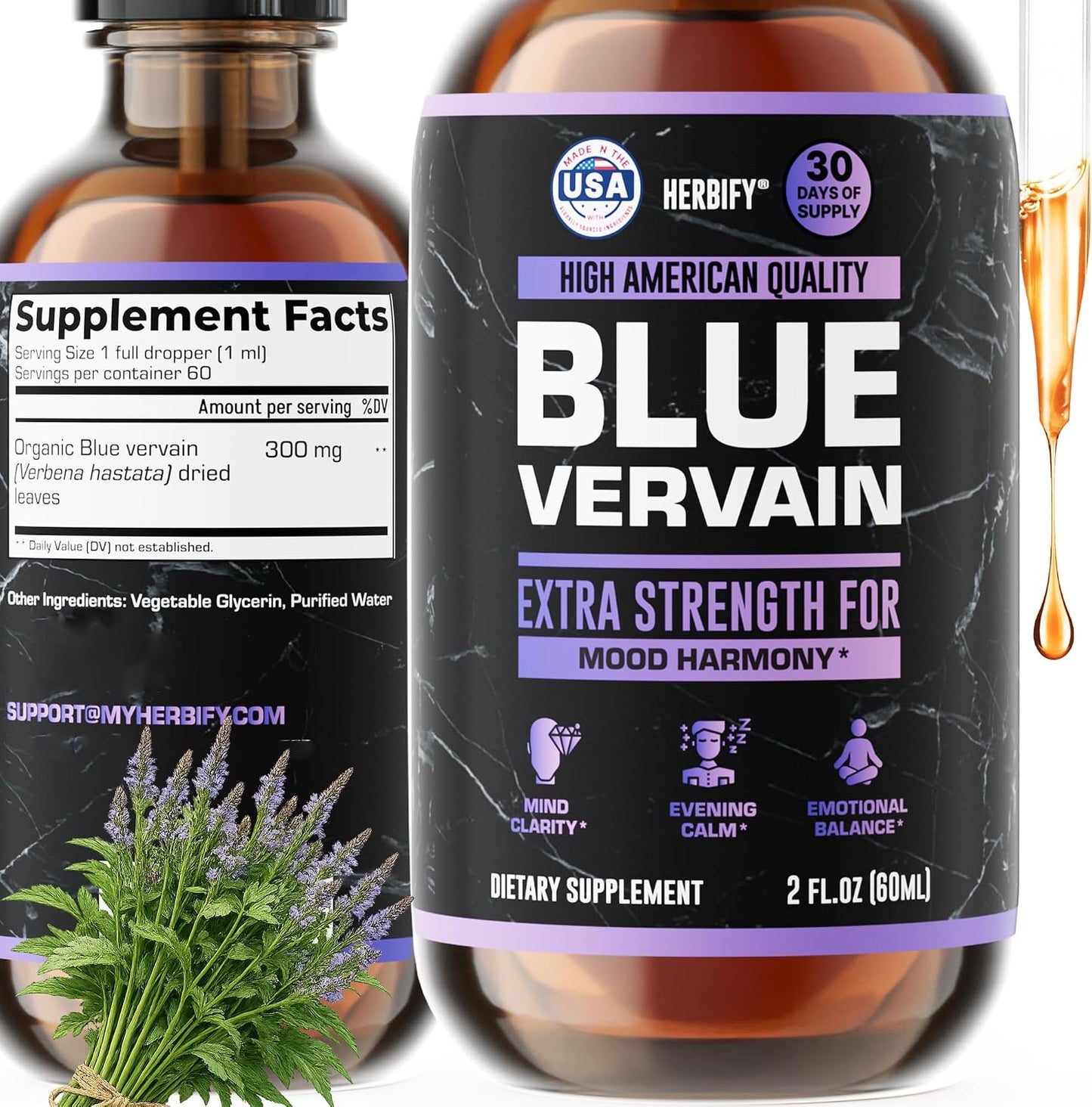 HERBIFY Blue Vervain Drops – Verbena Tincture – Vervain Supplement for Mood & Balance – Vervain Liquid Extract – Verbena Hastata (30 Days Supply) 2 Fl Oz Made in USA