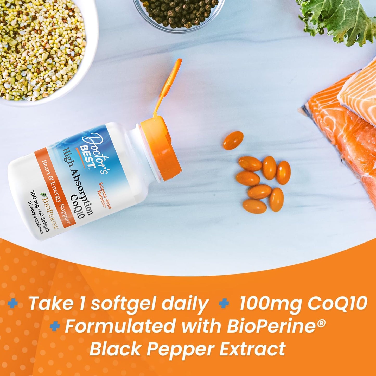 Doctor's Best High Absorption CoQ10 with BioPerine Supplement - Coenzyme Q10 Softgels for Heart Health & Antioxidant Support, Naturally Fermented CoQ10 100mg for Women & Men, Non GMO - 120 Softgels