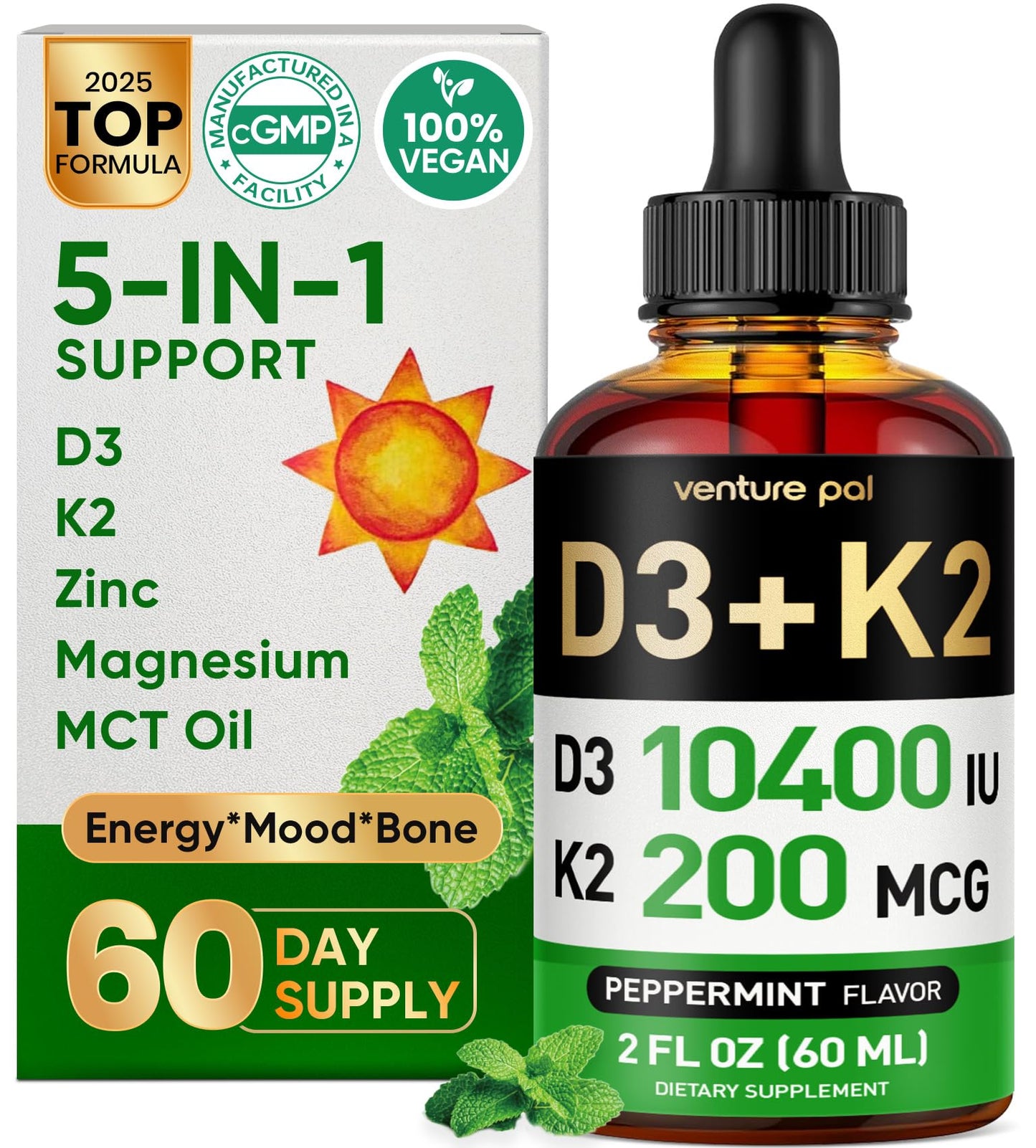 5-in-1 Vitamin D3 K2 Drops, Vitamin D3 10400 IU & K2(MK-7) 200mcg | With Magnesium, MCT Oil, Zinc, Maximum Absorption Vitamin D Liquid for Bone, Mood & Immune - Sugar Free | 2 FL OZ | 60 Days