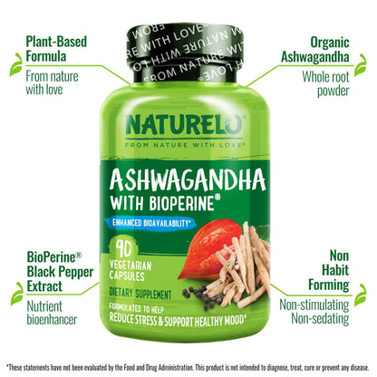 NATURELO Ashwagandha Organic Root Powder - Natural Herbs Supplement for Fatigue, Stress Relief, Mood Enhancer - with Black Pepper Extract - 90 Vegan Capsules