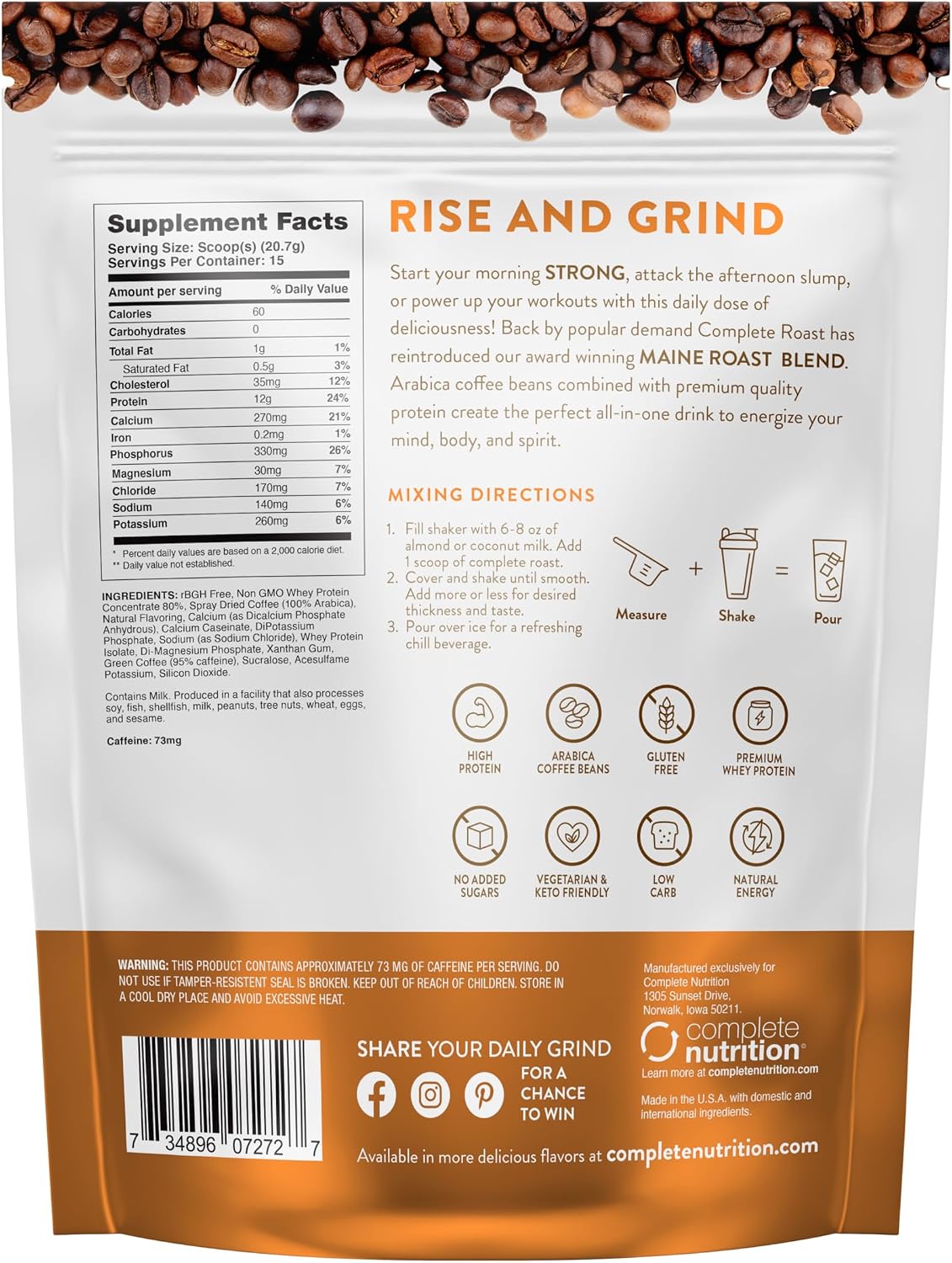 Complete Roast Caramel Frappe Protein Coffee, 0 Carbs, 60 Calories, Low Fat