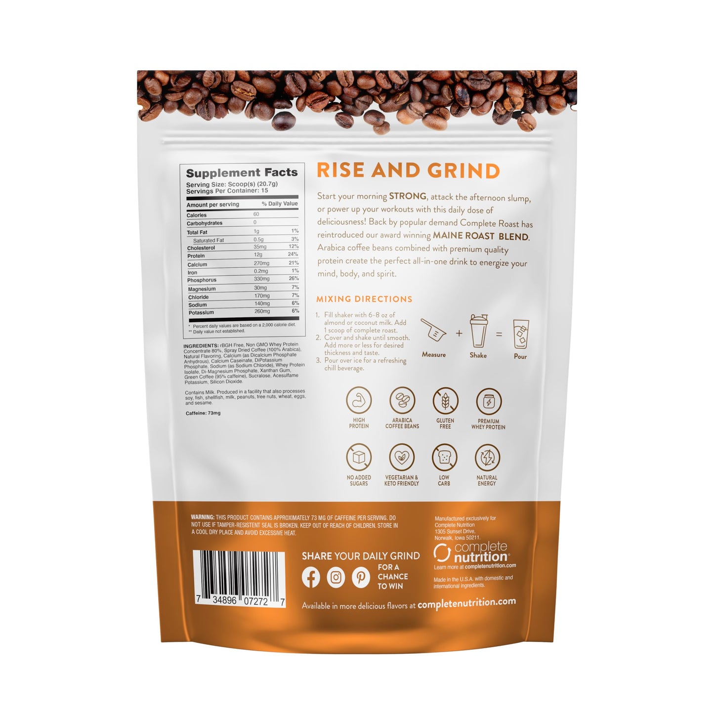 High Protein Complete Roast French Vanilla Coffee, 16 g of Quality Protein, 0 g Carbs, Zero Sugar, 1 Shots of Espresso, Keto Friendly, All Natural, 15 Servings, 12.7 Oz