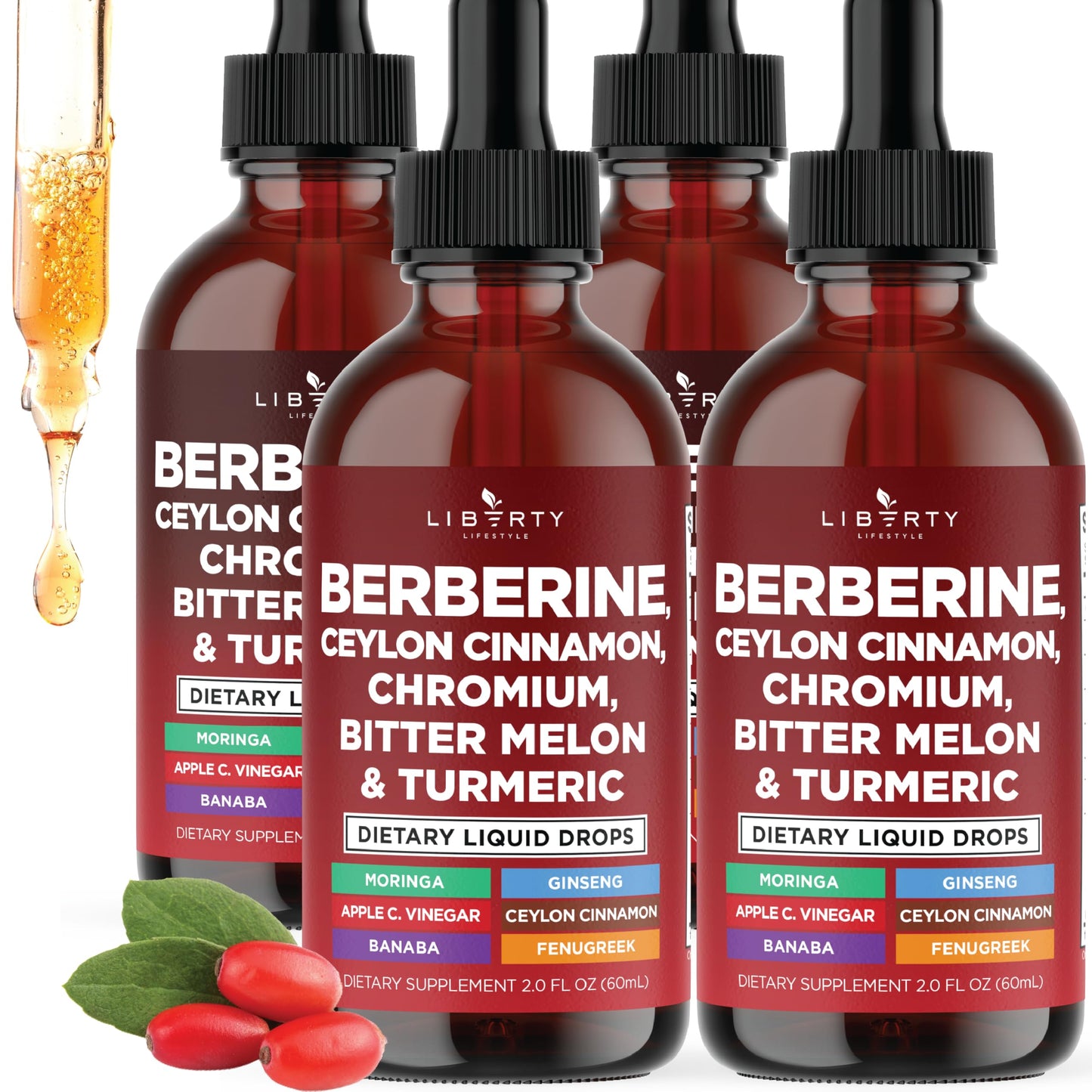 Berberine with Ceylon Cinnamon Supplement Liquid Drops + Bitter Melon Extract, Glucomannan, Gymnema, Chromium, Turmeric, Panax Ginseng, Moringa- 4 OZ