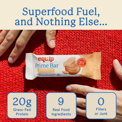 Equip Foods High Protein Prime Bars – Grass Fed Beef Protein, Collagen & Tallow – Gut Friendly, Gluten Free 20g Protein Bars - Only Real-Food Ingredients - On-the Go Snack - Peanut Butter, 12 Count