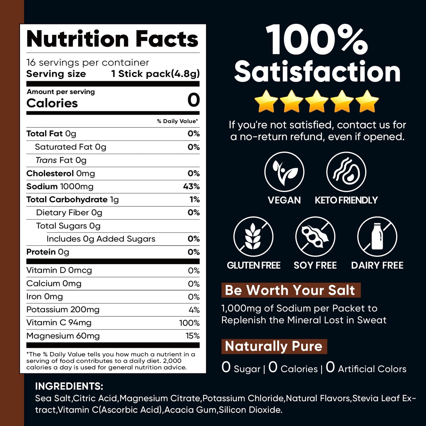 Venture Pal High Sodium Sugar-Free Electrolytes Powder Packets, 16 Sticks | Hydration Packets with Sodium, Potassium & Magnesium, Zero Calories, Keto, Vegan, and Paleo Friendly