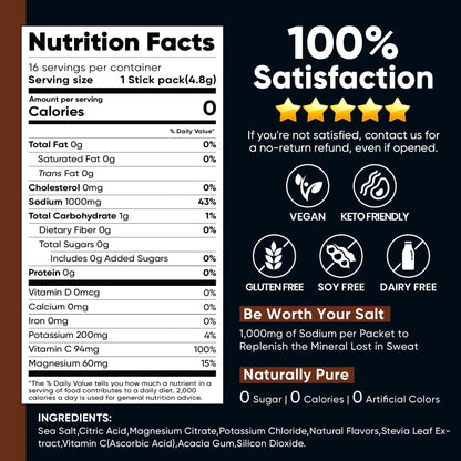 Venture Pal High Sodium Sugar-Free Electrolytes Powder Packets, 16 Sticks | Hydration Packets with Sodium, Potassium & Magnesium, Zero Calories, Keto, Vegan, and Paleo Friendly