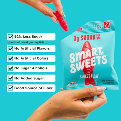 SmartSweets Sweet Fish, Low Sugar Gummy Candy (3g), Low Calorie (130), Gluten-Free -1.8oz (Pack of 6) Packaging may vary | Gluten Free, Plant Based, Healthy Snacks For Adults & Kids, Fiber Candy, Fun Chewy Berry Flavored Gummies, Healthy Candy