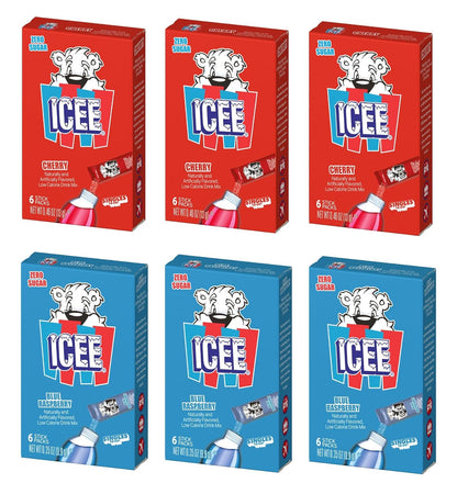 ICEE Singles To Go Variety Pack of 6-3 of Each - Cherry and Blue Raspberry - Zero Sugar Powdered Drink Mix - 6 Sticks Per Box - 36 Servings