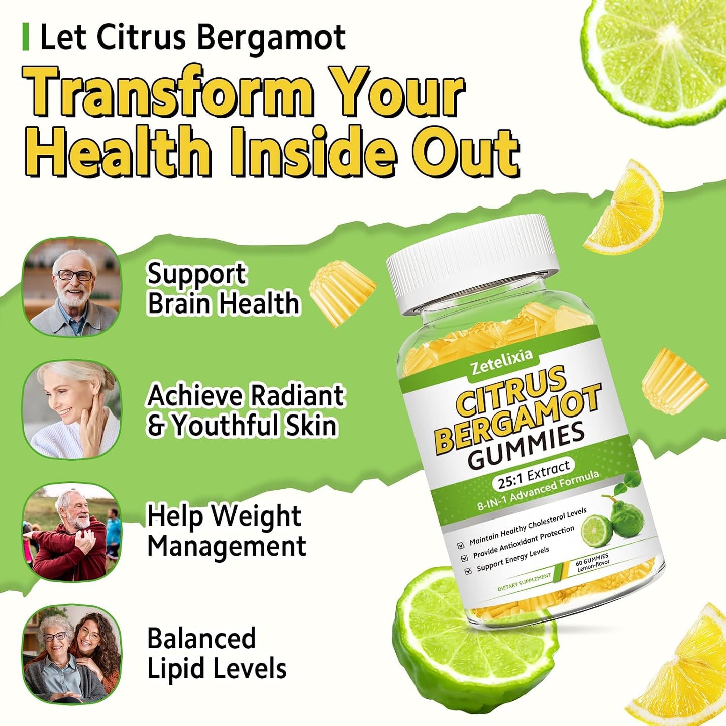 2 Pack Citrus Bergamot Gummies, Citrus Bergamot Supplement for High Cholesterol, Cholesterol Lowering Supplement for Heart, Immune System & Healthy Aging Support, Sugar Free, Lemon Flavor, 120 Cts