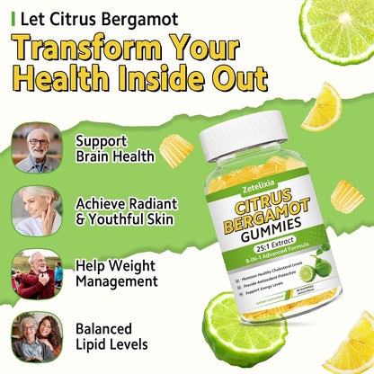 2 Pack Citrus Bergamot Gummies, Citrus Bergamot Supplement for High Cholesterol, Cholesterol Lowering Supplement for Heart, Immune System & Healthy Aging Support, Sugar Free, Lemon Flavor, 120 Cts