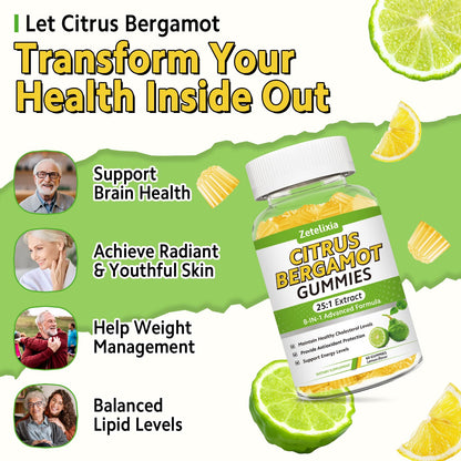 2 Pack Citrus Bergamot Gummies, Citrus Bergamot Supplement for High Cholesterol, Cholesterol Lowering Supplement for Heart, Immune System & Healthy Aging Support, Sugar Free, Lemon Flavor, 120 Cts
