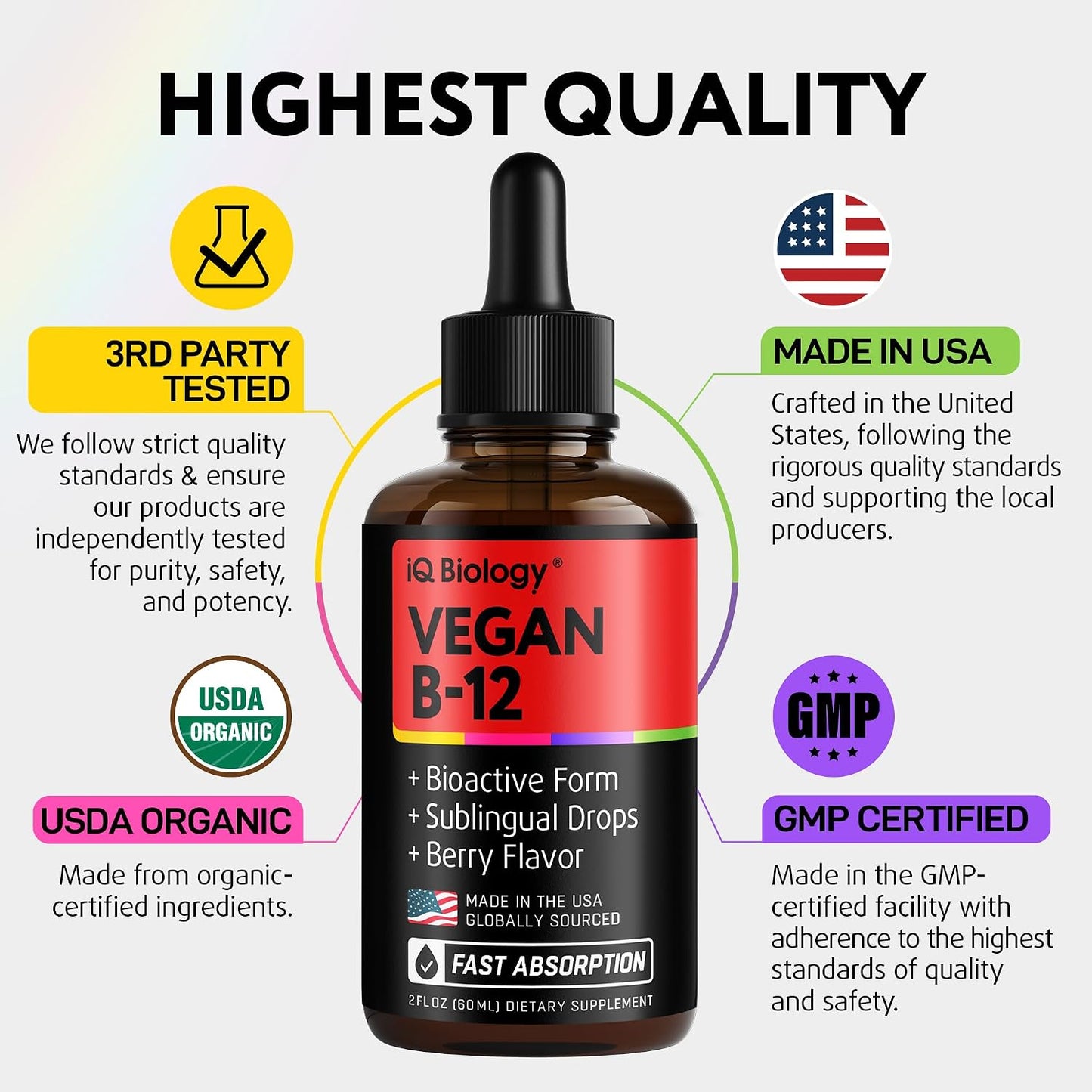IQ BIOLOGY Liquid Biotin & Collagen Drops + Organic Vegan B12 Drops Bundle - Hair, Skin & Nails Support, Energy Metabolism & Nervous System Support - Berry Flavor - 2 fl oz Each