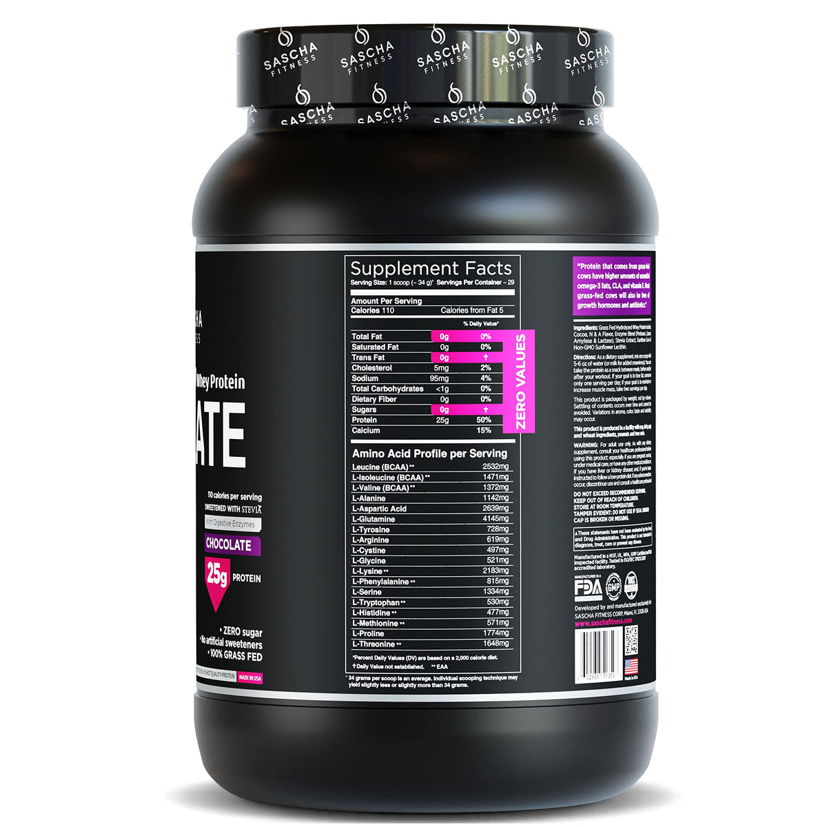 SASCHA FITNESS Hydrolyzed Whey Protein Isolate,100% Grass-Fed (2 Pound,Chocolate)