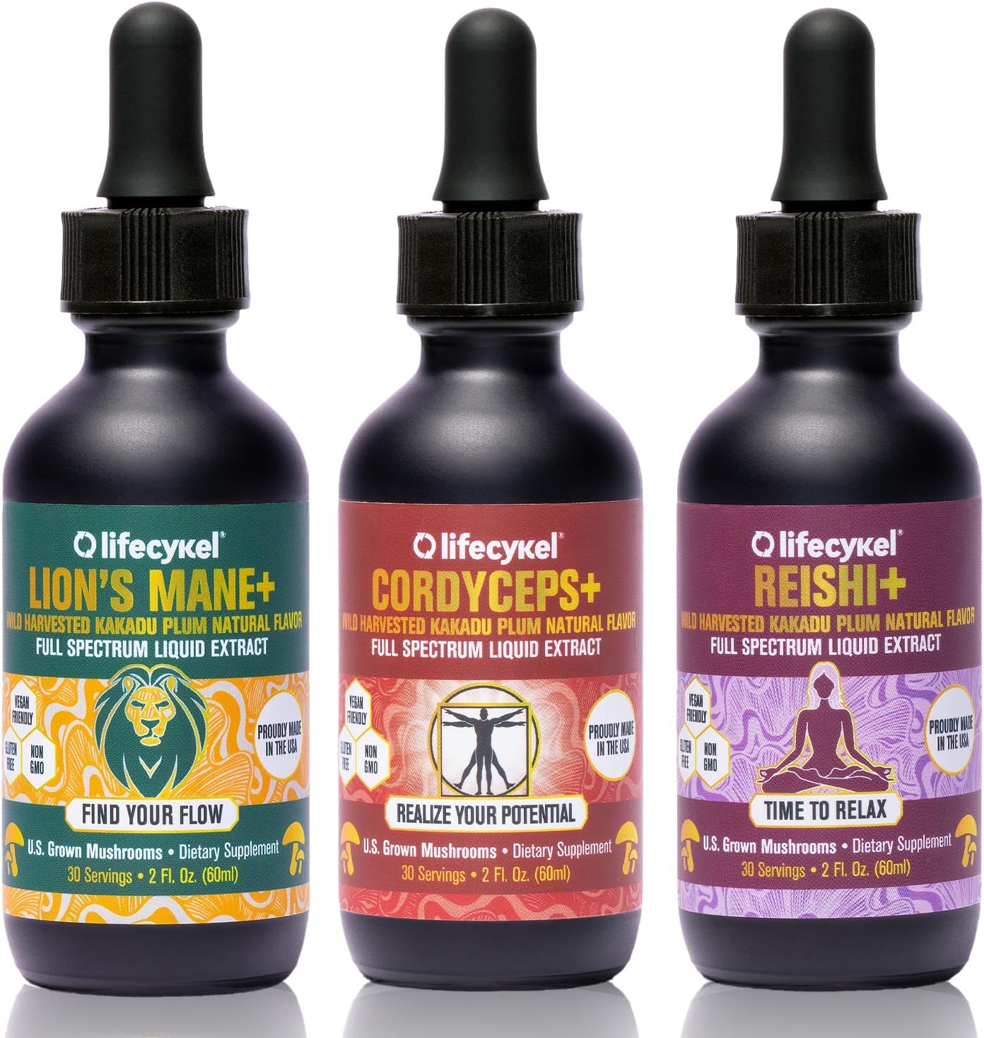 Life Cykel Professional Athletes Pack - Reishi, Lion's Mane & Cordyceps Mushroom Extract- Full-Spectrum Mushroom Tincture for Energy, Focus and Immune Health- Vegan, Non-GMO Formula
