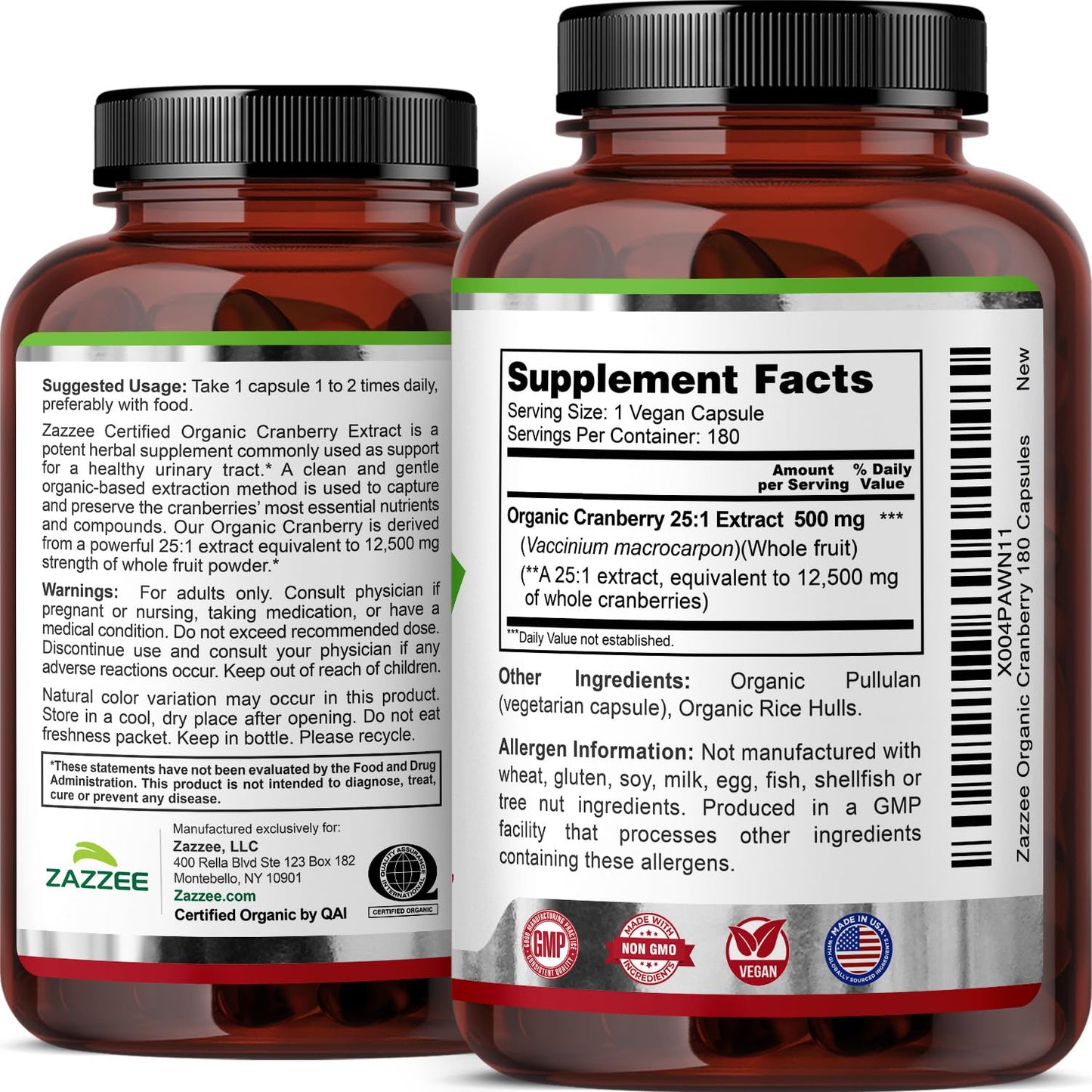Zazzee USDA Organic Cranberry 25:1 Extract, 500 mg per Capsule, 100 Vegan Capsules, 3+ Month Supply, Certified Kosher, Vaccinium Macrocarpon, Non-GMO, Made in the USA