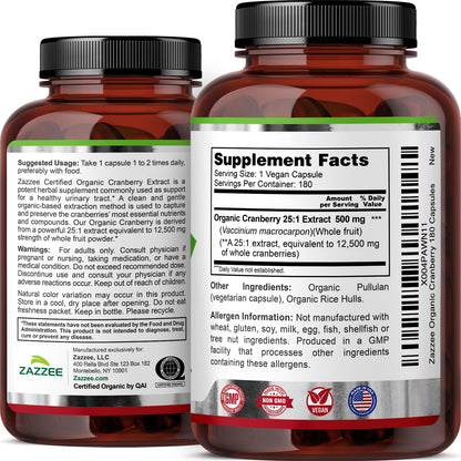 Zazzee USDA Organic Cranberry 25:1 Extract, 500 mg per Capsule, 100 Vegan Capsules, 3+ Month Supply, Certified Kosher, Vaccinium Macrocarpon, Non-GMO, Made in the USA