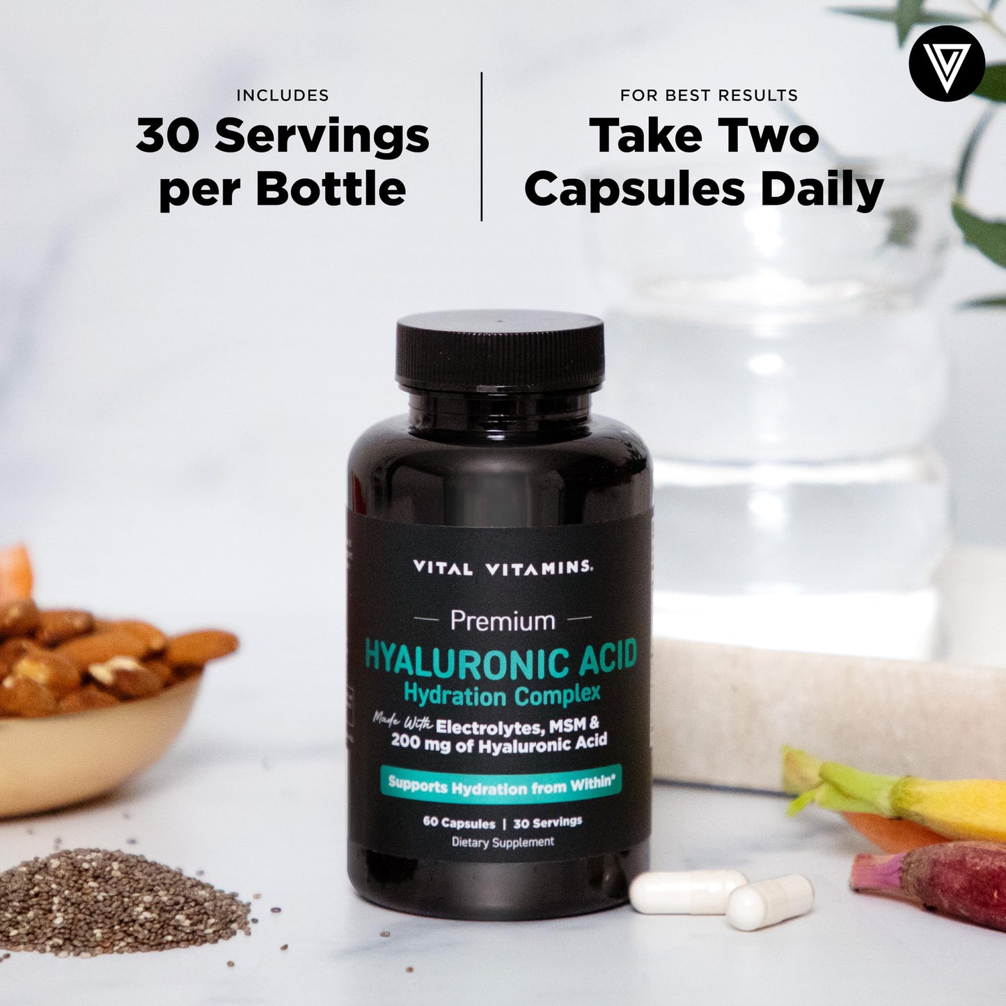 Vital Vitamins Hyaluronic Acid Supplements, 60 Capsules | 200mg Low Molecular Weight HA, Supports Skin Hydration, Elasticity & Joint Comfort, Vegan & Non-GMO