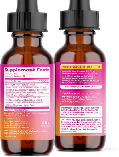 Pink Stork Hormone Balance Drops for Women - 2oz, 30 Servings | Supports Hormonal Health, PMS, Perimenopause & Mood, with Red Raspberry Leaf & Wild Yam - Liquid Supplement - Vegan